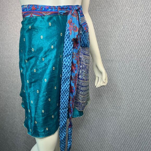 Reversible Wrap Skirt Dress Sari Colorful Upcycle Boho Indie Womens Convertible - Picture 7 of 10